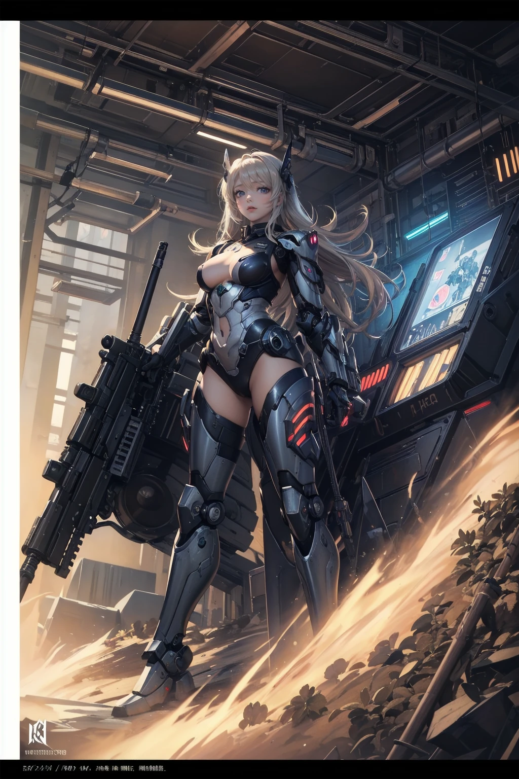 Close-up of a woman with a gun in a field, Mechanized Valkyrie Girl, Mechanized Soldier Girl, Black dieselpunk policewoman, Epic sci-fi character art, Girl wearing mecha cyber armor, Cyberpunk Anime Girl Mecha, Epic sci-fi character art, Epic sci-fi character art, Wearing sci-fi military armor