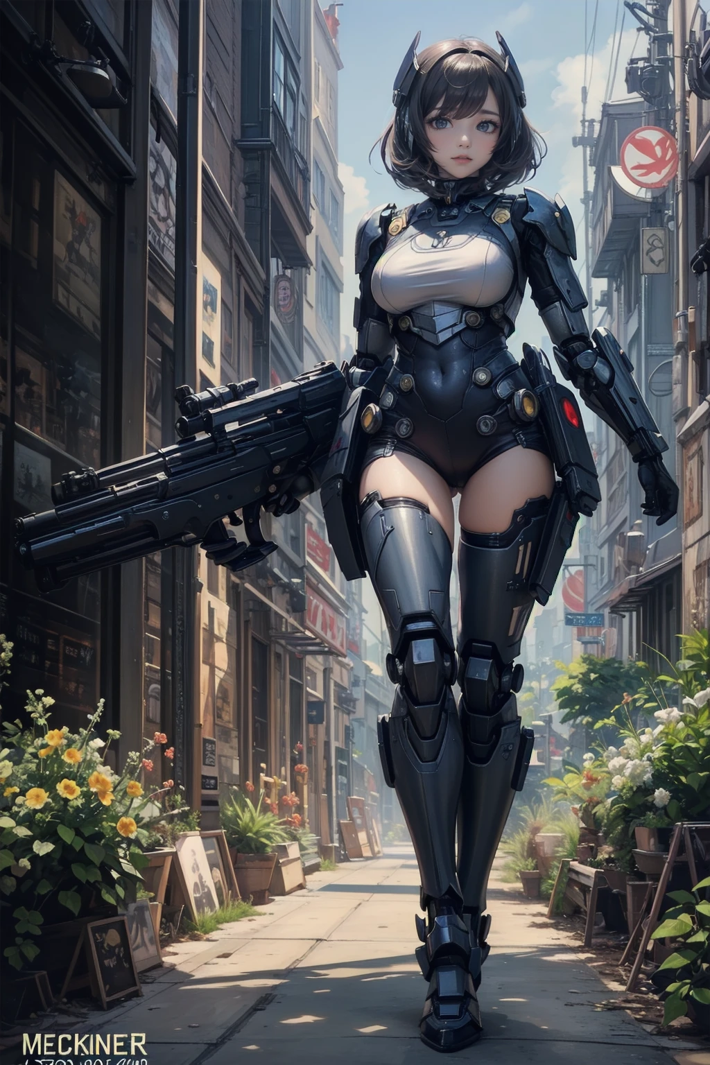 Close-up of a woman with a gun in a field, Mechanized Valkyrie Girl, Mechanized Soldier Girl, Black dieselpunk policewoman, Epic sci-fi character art, Girl wearing mecha cyber armor, Cyberpunk Anime Girl Mecha, Epic sci-fi character art, Epic sci-fi character art, Wearing sci-fi military armor