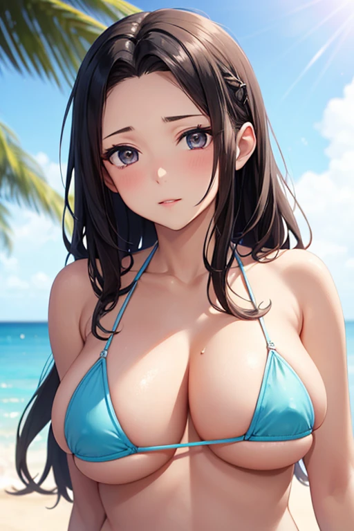 One Woman, Upper Body, Large Breasts, Highest quality, Ultra HD, 8k, Married Woman, Cleavage, Forehead visible, Underboob, Sideboob, Ultra-small micro bikini, Beautiful breasts, Extremely beautiful, Sexy body, model, Mother, Details, Droopy eyes, Ample breasts, Stylish, Woman in her 40s, Adult sex appeal, Adult charm, Married Woman, Shapely big breasts, 綺麗なCleavage, Adult face, Bangs slicked back, sticking out of the bikini, A bikini with very little fabric, Only cover the nipples, anime, Apart breasts, from the front, Facing forward, Three-dimensional chest, Homely, housewife, Beach,