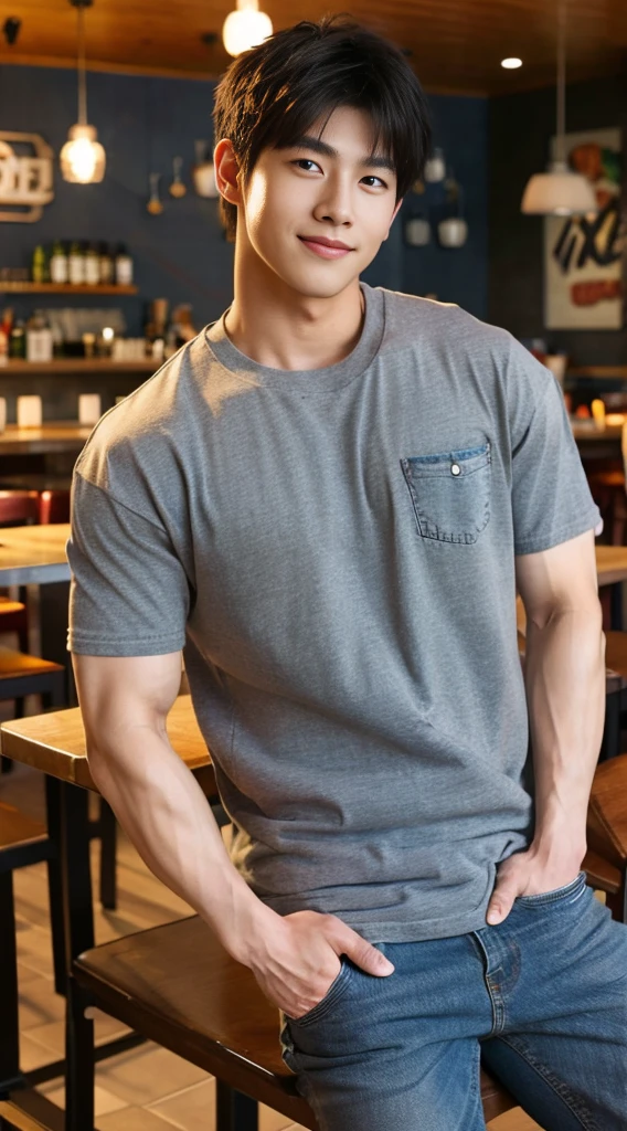 ((realistic daylight)) , Young Korean man in a gray t-shirt Denim shirt, jeans, A handsome, muscular young Asian man looks at the camera. , in the restaurant ,turn sideways