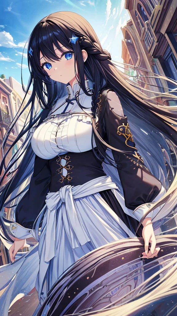 best quality, extremely detailed,anime style girl,long hair down to the waist, straight hair, ((dark black hair with bluish)),braid,beautiful detailed eyes, pinched eyes, (dark blue eyes),huge breasts,curvy,fantasy white casual clothing,Clothing with complex patterns,hair ornament,((((fantasy street)))),cool expression,dynamic angle