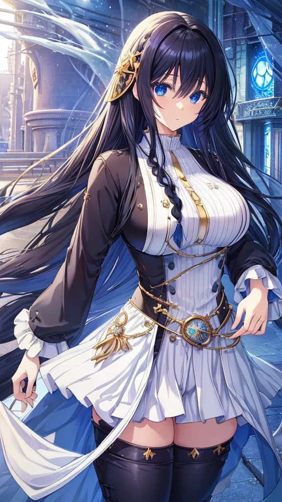 best quality, extremely detailed,anime style girl,long hair down to the waist, straight hair, ((dark black hair with bluish)),braid,beautiful detailed eyes, pinched eyes, (dark blue eyes),huge breasts,curvy,fantasy white casual clothing,Clothing with complex patterns,hair ornament,((((fantasy street)))),cool expression,dynamic angle