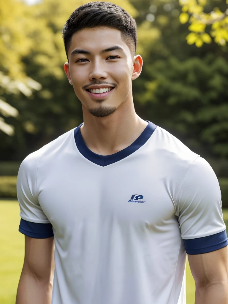Tony Labrusca, (As a matter of fact, Masterpiece, 8k HD, good light quality, sportswear, fit the face, complicated details), A handsome, muscular young Korean man. , 20 years old, be happy, smile brightly, detailed face, delicate eyes, มองดูsky, Wear a navy tight T-shirt., period, black eyes, Black hair color, ผมsmooth, smooth, outdoor sports, Along the garden, Sunny,sky，Surreal，Superb details，Highest quality，real，