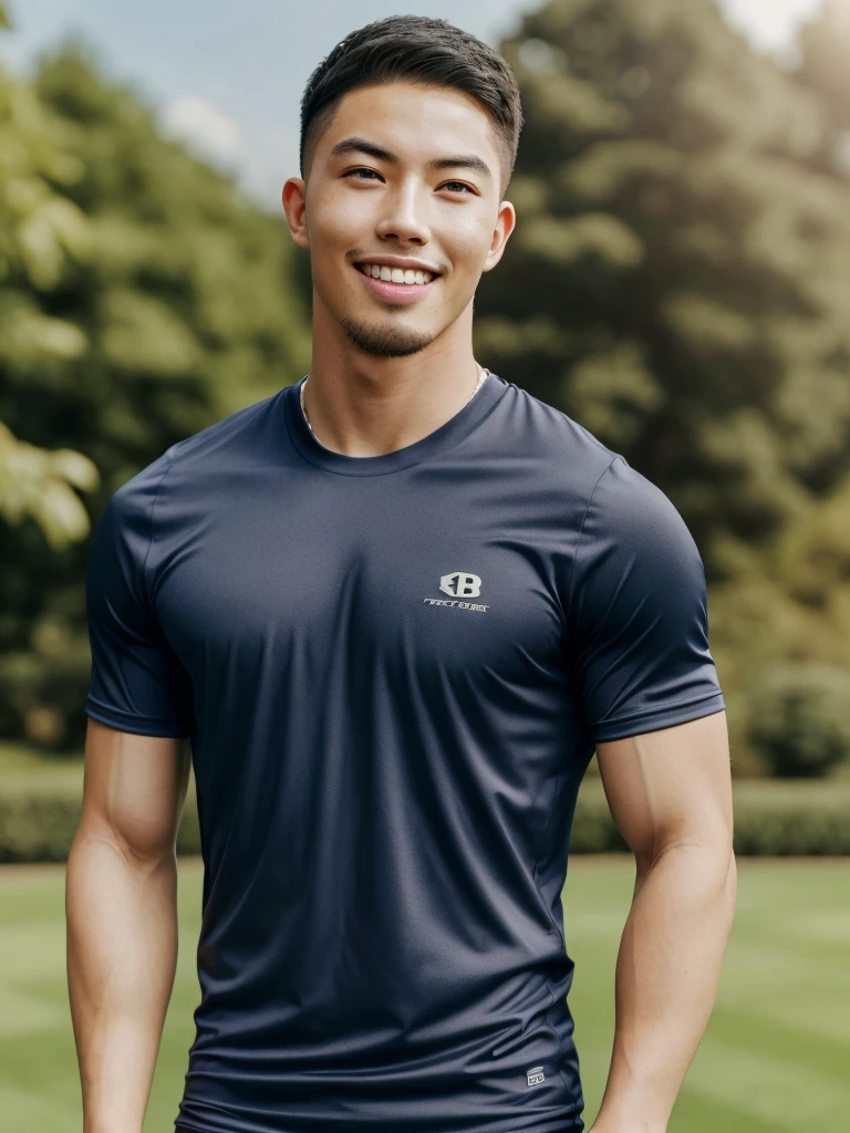 Tony Labrusca, (As a matter of fact, Masterpiece, 8k HD, good light quality, sportswear, fit the face, complicated details), A handsome, muscular young Korean man. , 20 years old, be happy, smile brightly, detailed face, delicate eyes, มองดูsky, Wear a navy tight T-shirt., period, black eyes, Black hair color, ผมsmooth, smooth, outdoor sports, Along the garden, Sunny,sky,Surreal,Superb details,Highest quality,real,