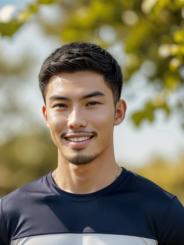 Tony Labrusca, (As a matter of fact, Masterpiece, 8k HD, good light quality, sportswear, fit the face, complicated details), A handsome, muscular young Korean man. , 20 years old, be happy, smile brightly, detailed face, delicate eyes, มองดูsky, Wear a navy tight T-shirt., period, black eyes, Black hair color, ผมsmooth, smooth, outdoor sports, Along the garden, Sunny,sky,Surreal,Superb details,Highest quality,real,