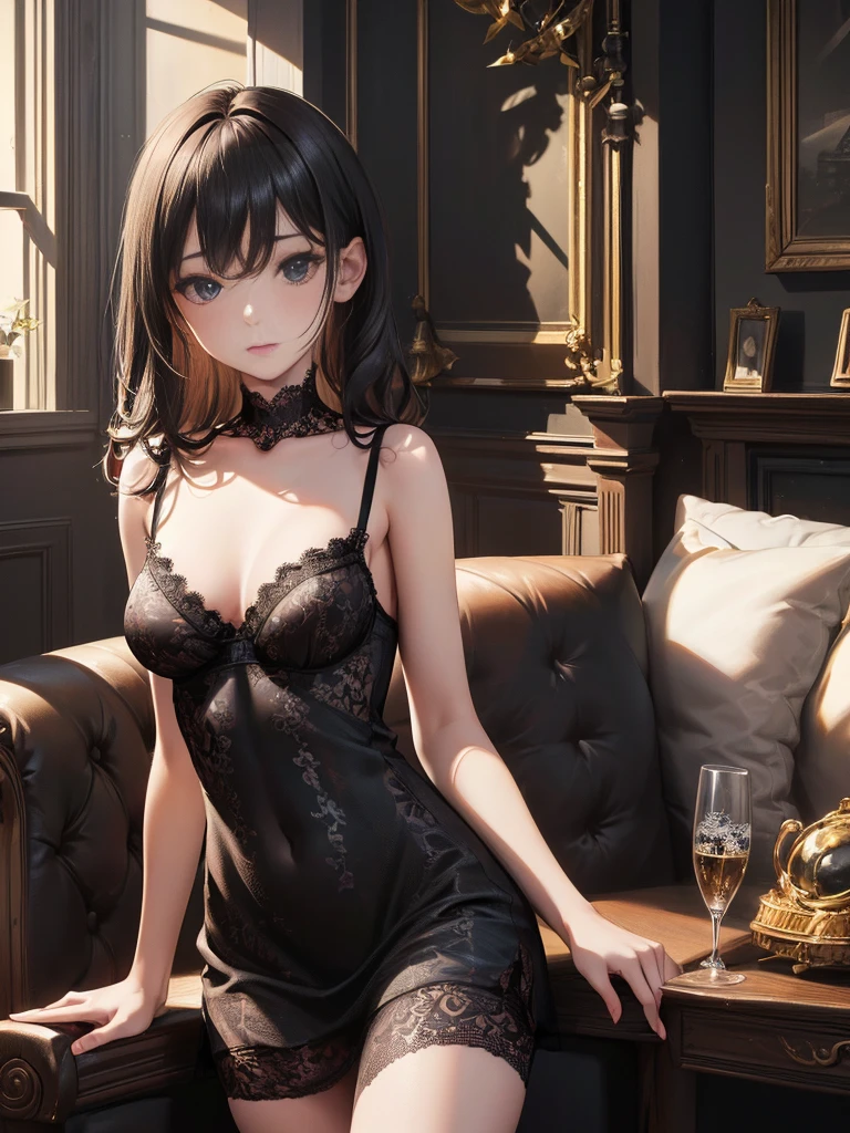 Panties, (bra:0.5),(Highly detailed CG 8k wallpaper, masterpiece, Highest quality, Super detailed), (Better lighting, Better Shadows, Very delicate and beautiful), Beautiful woman, Very sexy body, Detailed small breasts, Look straight into the camera, With a sexy look, (Black lace camisole dress:1.3),living room