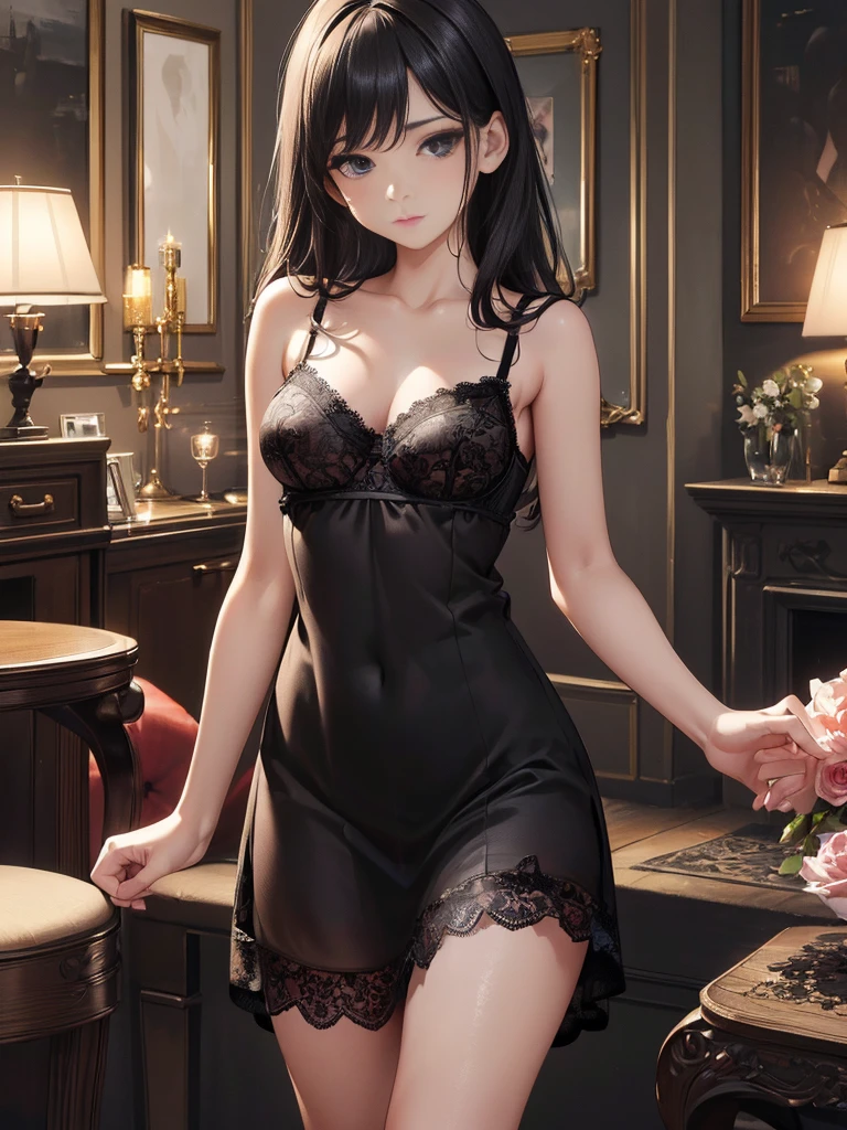 Panties, (bra:0.5),(Highly detailed CG 8k wallpaper, masterpiece, Highest quality, Super detailed), (Better lighting, Better Shadows, Very delicate and beautiful), Beautiful woman, Very sexy body, Detailed small breasts, Look straight into the camera, With a sexy look, (Black lace camisole dress:1.3),living room