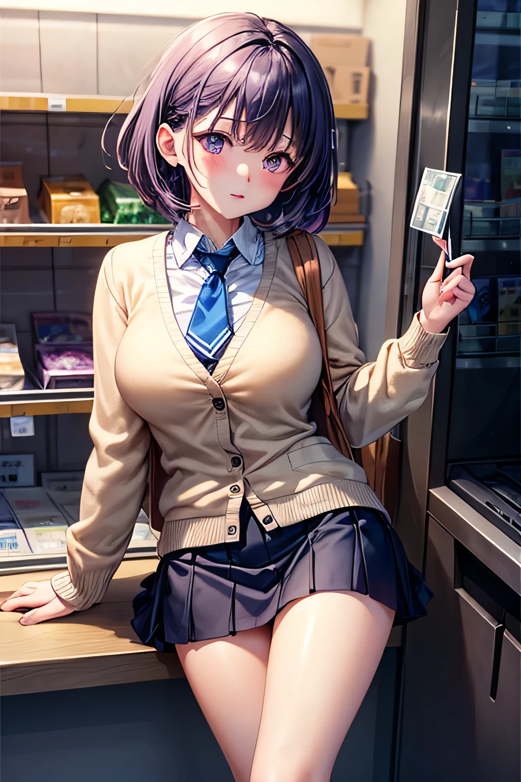 (Very detailed CG Unity 8K 壁紙),(masterpiece), (Highest quality), (Very detailed), (Best illustrations),(Best Shadow), Large Breasts,,Purple eyes and very short purple hair,blush、White blouse,Blue tie,Checked mini skirt,beige cardigan,convenience store、Girl with a condom、At the cash register、Dynamic Angle