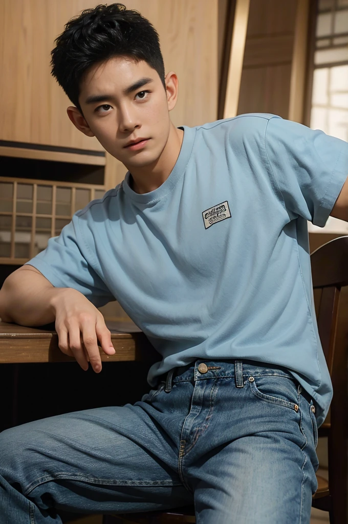 ((realistic daylight)) , Young Korean man in black sports shirt only, no pattern, denim shirt, jeans., A handsome, muscular young Asian man looks at the camera.  , in the restaurant ,turn sideways((realistic daylight)) , Young Korean man in black sports shirt only, no pattern, denim shirt, jeans., A handsome, muscular young Asian man looks at the camera.  , in the restaurant ,turn sideways