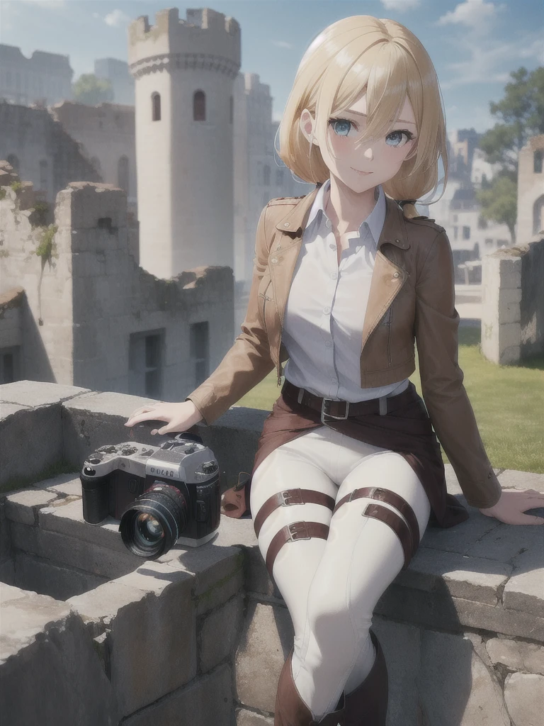 masterpiece, Highest quality, High resolution, Castle ruins, Day, sunny, Serious expression, One girl, alone, View your viewers, smile, Sit on the ground, history, Krista Lentz, Blonde, blue eyes, Hair between the eyes, short hair, ponytail, Official Art, Jacket, brown Jacket, Symbolism, belt, Thigh straps, pants, white pants, boots, shirt, white shirt, collared shirt, (Canon EOS-1D X Mark III camera for outstanding detail:1.2), (Combined with Canon EF24-70mm f/2.8L II USM Lens:1.2), (Tight clothing)