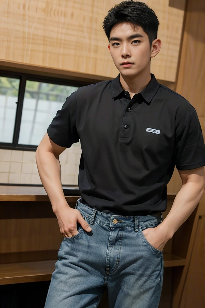 ((realistic daylight)) , Young Korean man in black sports shirt only, no pattern, denim shirt, jeans., A handsome, muscular young Asian man looks at the camera.  , in the restaurant ,turn sideways((realistic daylight)) , Young Korean man in black sports shirt only, no pattern, denim shirt, jeans., A handsome, muscular young Asian man looks at the camera.  , in the restaurant ,turn sideways