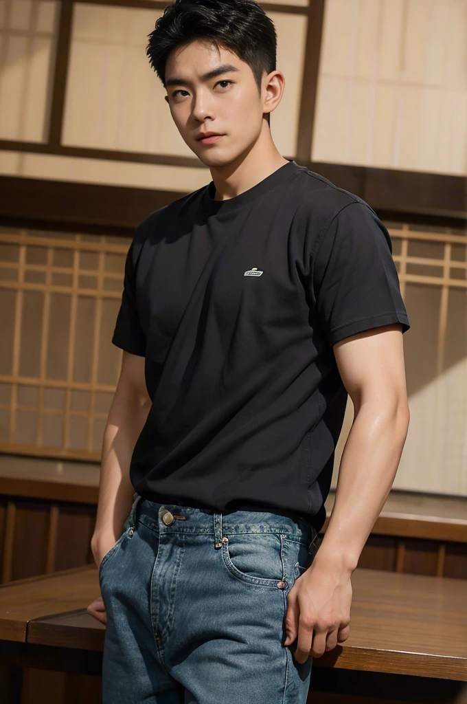 ((realistic daylight)) , Young Korean man in black sports shirt only, no pattern, denim shirt, jeans., A handsome, muscular young Asian man looks at the camera.  , in the restaurant ,turn sideways((realistic daylight)) , Young Korean man in black sports shirt only, no pattern, denim shirt, jeans., A handsome, muscular young Asian man looks at the camera.  , in the restaurant ,turn sideways