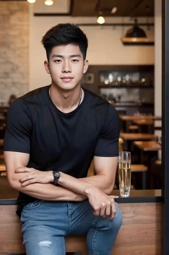 ((realistic daylight)) , Young Korean man in only a black sports shirt, no stripes, and jeans., A handsome, muscular young Asian man looks at the camera. , in the restaurant ,turn sideways