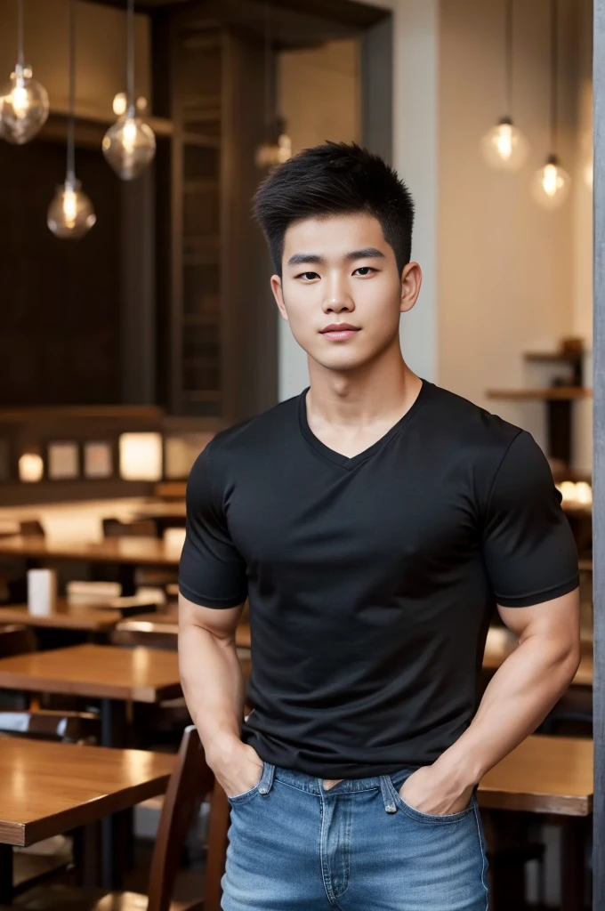 ((realistic daylight)) , Young Korean man in only a black sports shirt, no stripes, and jeans., A handsome, muscular young Asian man looks at the camera. , in the restaurant ,turn sideways