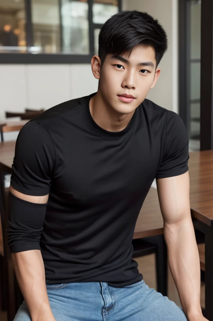 ((realistic daylight)) , Young Korean man in only a black sports shirt, no stripes, and jeans., A handsome, muscular young Asian man looks at the camera.  , in the restaurant ,turn sideways