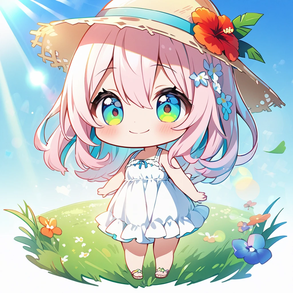 masterpiece, best quality, 4k、2D illustration, one beautiful girl, solo、(((chibi style)))、((vivid colors))、cute chibi, lovely chibi、((colorful))、((long beautiful hair)), glossy light pink hair, hair between eyes, cute, beautifully detailed eyes、((white summer dress))、((straw hat))、hibiscus hair ornament, flip-flops, ((happy smile))、((full body shot))、((summer grasslands))、((gentle breeze))、((blue sky))、sunbeam, white light, ((lens flare)), ((high color saturation)),