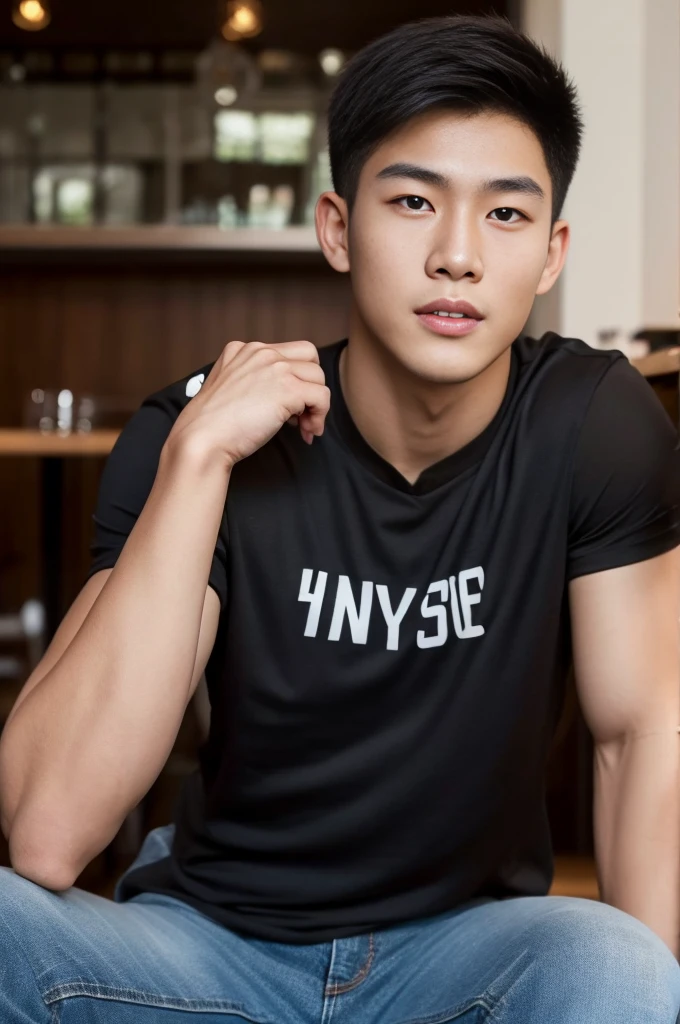 ((realistic daylight)) , Young Korean man in only a black sports shirt, no stripes, and jeans., A handsome, muscular young Asian man looks at the camera. , in the restaurant ,turn sideways