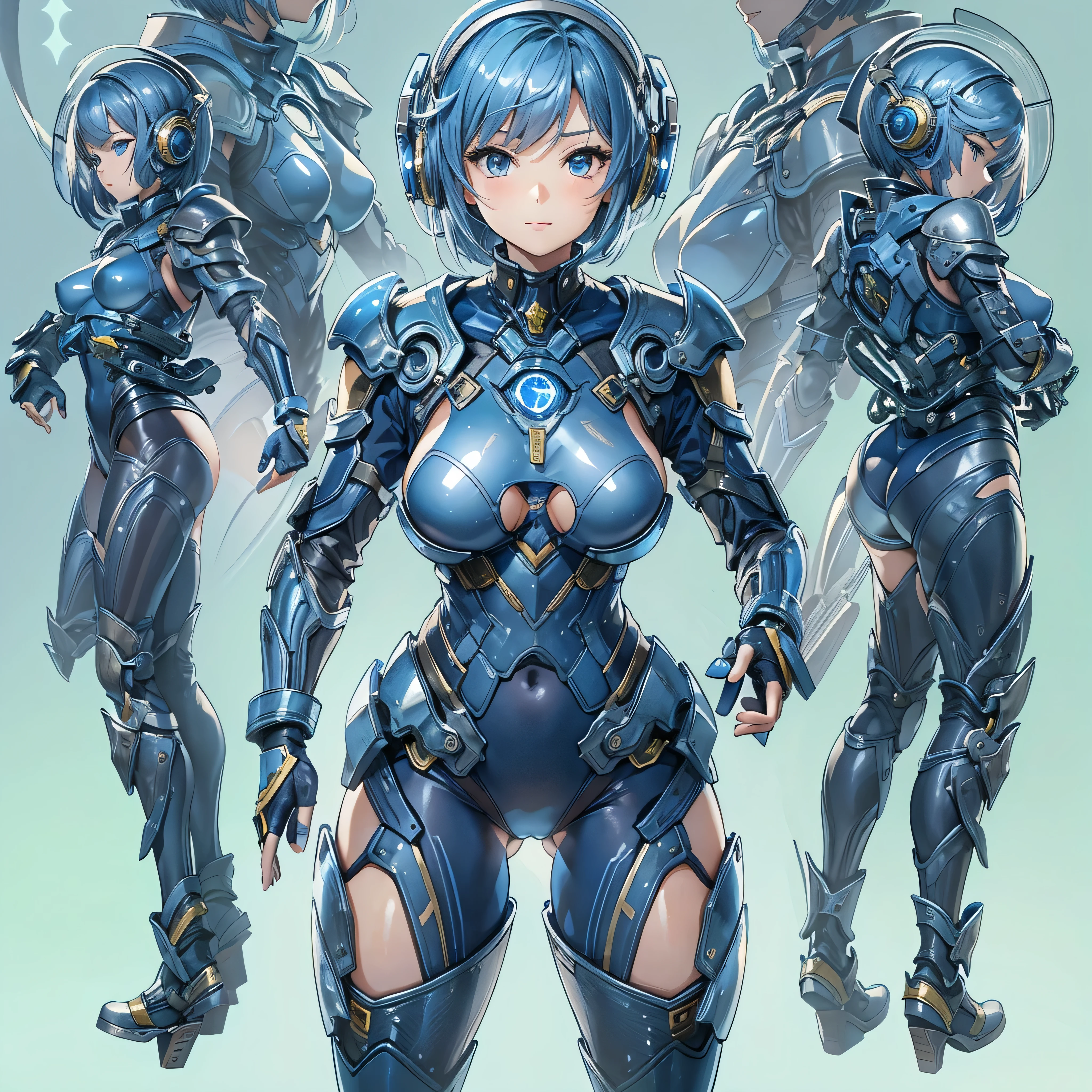 (masterpiece、Highest quality、Highest Resolution、Clear_image、Detailed details、Angle from above): (Whole body、One 20 year old girl、Japanese Faces、Small Face、Slender、Navy blue super short bob cut hair、(Hidden small breasts:1.3)、Sparkling blue eyes、Shiny pilot suit in blue and black colors、Chest protection armor、Tight fitting clothes、Clothing that covers the whole body、Glamorous clothes、Tight Fit Pants、Hide your skin、Very delicate and beautiful、Detailed Skin、hide thighs、Hide your ass、Cute、A gentle smile、Soft expression、heroine、headset、Knee-high boots、Elbow-length gloves、Eye Level Shot、Face directly、Woman on a spaceship)