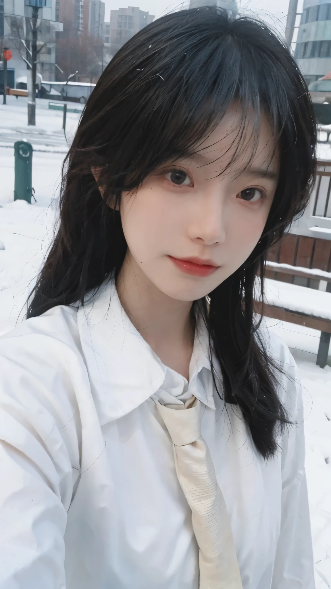 Best quality,masterpiece,Ultra-high resolution,snow,16K,Snow background,(Photo Realism:1.4),1 Girl,JK,Sexy,(Shirt and Tie:1.2),(Big breasts:1.3),(Upper body:1.4)
