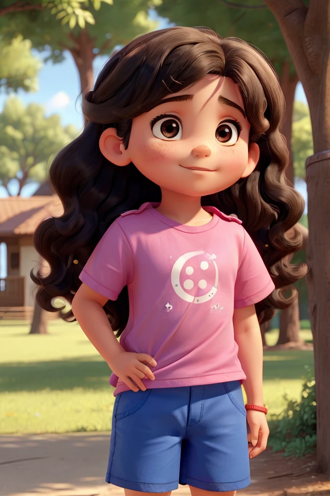 best qualityer, a 10 year old  who is a little chubbier, on the American, long black hair with beautiful curls and brown eyes, wearing blue t-shirt and pink shorts, in park