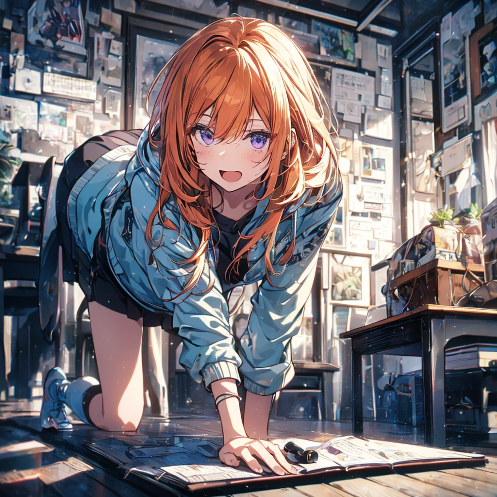 (Recall,On all fours:1.3),(Camel Toe:1.3),Highest quality,Best image quality,Perfect Anatomy,masterpiece,Ultra-detailed,beautiful,super high quality, Highest quality,High resolution, Very detailed,Game CG,Dutch Angle ,beautiful細部までこだわった目,Visual Arts,Five Fingers, Perfect hands,Hide your hands, {{{One Girl}}}, beautiful詳細な女の子, Game CG, Spring flower, One curl on the outside, Short Bob Hair, Pastel orange hair, Purple eyes,Stylish accessories solo, breast enhancement, Medium Shoot, woman, Take-out, Laughter, huge ,,Pastel green checkered mini skirt,Black knee-highs, {{{{{Wearing a pastel green hoodie}}}}},Open your mouth, Daytime Classroom, wonderful, beautiful細部までこだわった目, Highest quality, Very delicate,Masseter muscle area,Highest quality,(Official Art、Highest quality、Unity 8k wallpaper、32k、masterpiece、Ultra-detailed、超High resolution、Realistic、Photorealistic:1.2)、(Cinema Lighting:1.2)、Fire Glow Effect、The most grainy shadows on the film、Side light、Side Shot、(Ultra-detailedで複雑な3Dレンダリング)、Atelier Series,