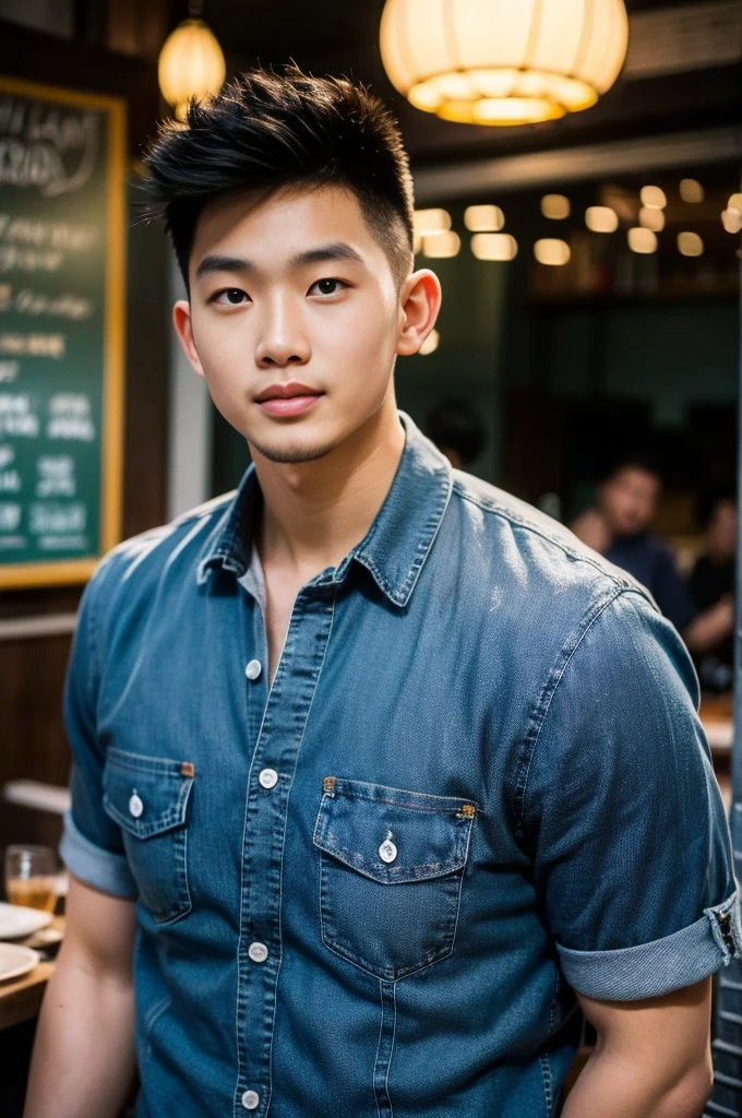 ((realistic daylight)) , Young Korean man in a black t-shirt with no pattern, a denim shirt, and jeans., A handsome, muscular young Asian man looks at the camera.  , in a Thai restaurant ,turn sideways