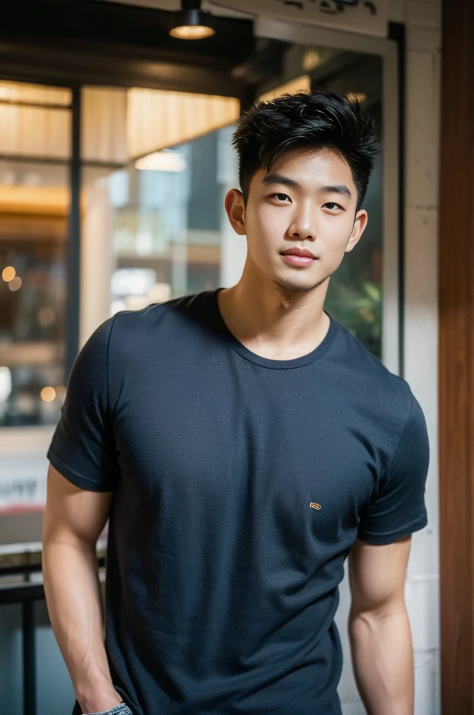 ((realistic daylight)) , Young Korean man in a black t-shirt with no pattern, a denim shirt, and jeans., A handsome, muscular young Asian man looks at the camera.  , in a Thai restaurant ,turn sideways