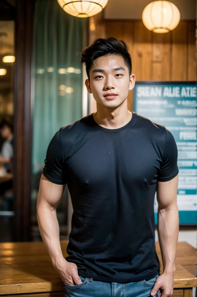 ((realistic daylight)) , Young Korean man in a black t-shirt with no pattern, a denim shirt, and jeans., A handsome, muscular young Asian man looks at the camera.  , in a Thai restaurant ,turn sideways