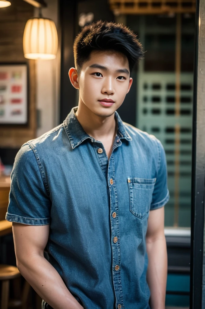 ((realistic daylight)) , Young Korean man in a black t-shirt with no pattern, a denim shirt, and jeans., A handsome, muscular young Asian man looks at the camera.  , in a Thai restaurant ,turn sideways