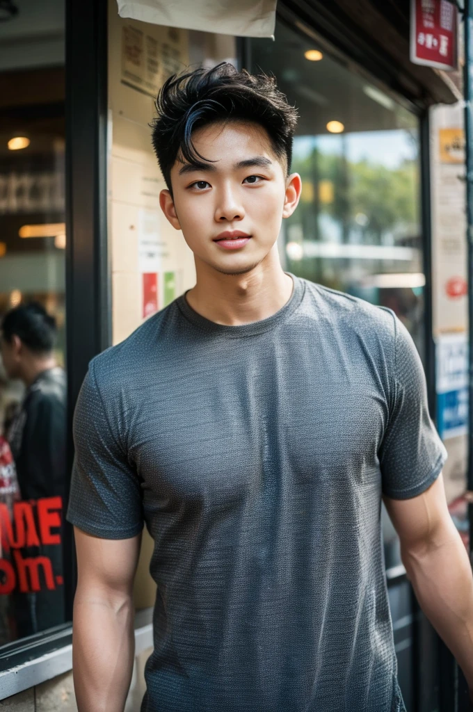 ((realistic daylight)) , Young Korean man in a black t-shirt with no pattern, a denim shirt, and jeans., A handsome, muscular young Asian man looks at the camera.  , in a Thai restaurant ,turn sideways