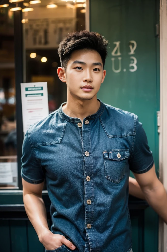 ((realistic daylight)) , Young Korean man in a black t-shirt with no pattern, a denim shirt, and jeans., A handsome, muscular young Asian man looks at the camera.  , in a Thai restaurant ,turn sideways