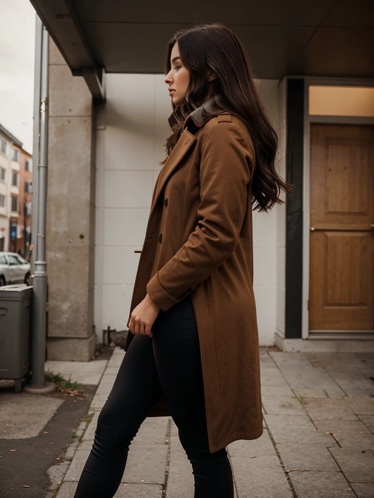 girl in profile in a brown long coat, black leggings and black high heels