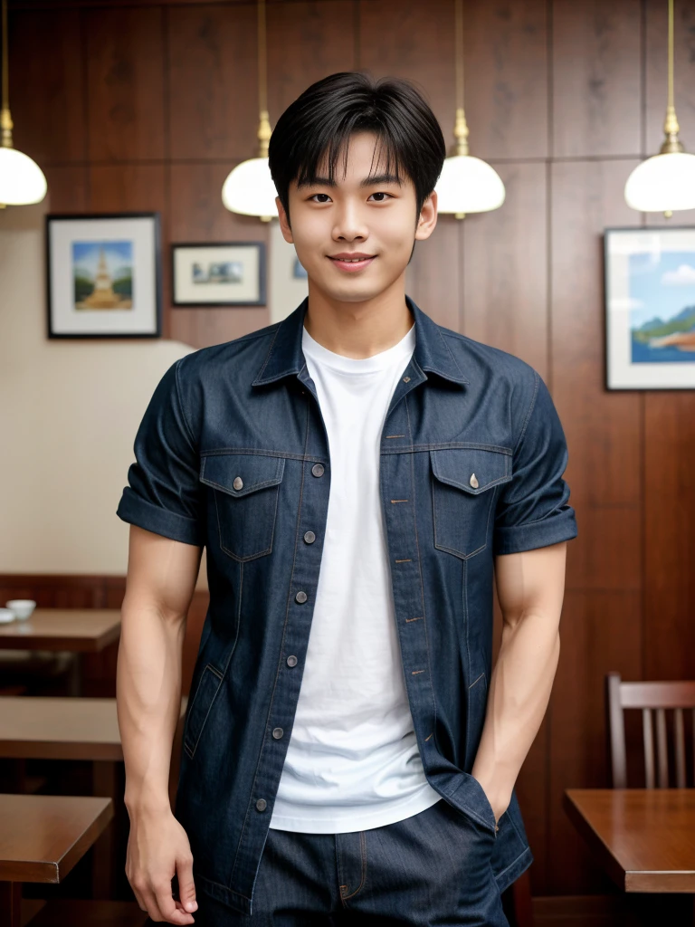 独奏: 1.5, (As a matter of fact, Masterpiece, 8k HD, good light quality, sportswear, fit the face, complicated details), A handsome Korean young man with muscular arms. , 20 years old, be happy, smile brightly, detailed face, delicate eyes, look at the sky, Wear a navy tight T-shirt.:1.6 ,Wear a denim coat., jeans period, black eyes, Black hair color, ผมsmooth, smooth，Surreal，Superb details，Highest quality，real，Open your mouth to talk. , Close your eyes., (Standing in a Thai restaurant, Burmese temple:1.1)