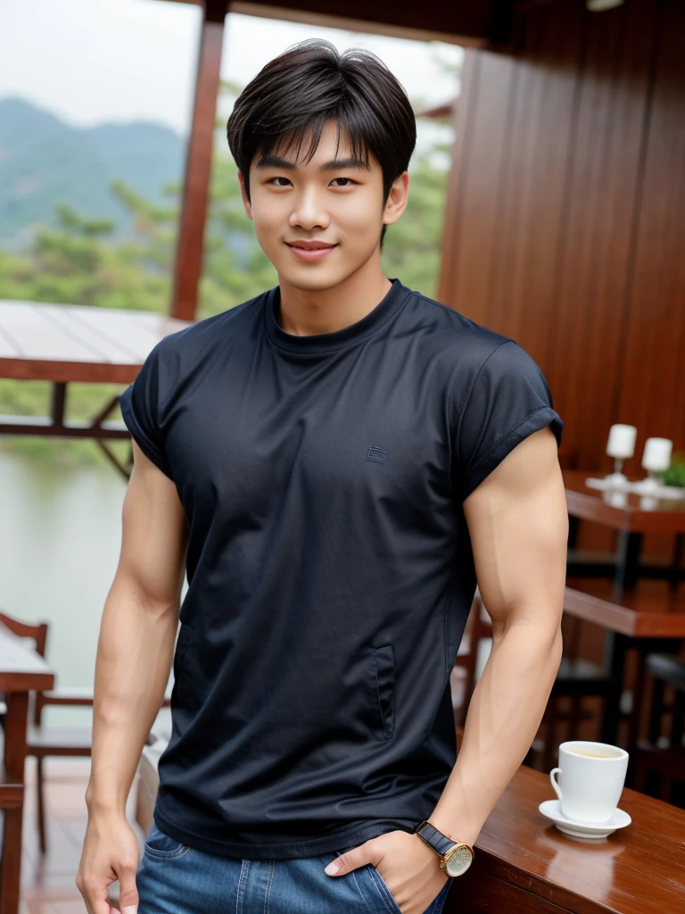 独奏: 1.5, (As a matter of fact, Masterpiece, 8k HD, good light quality, sportswear, fit the face, complicated details), A handsome Korean young man with muscular arms. , 20 years old, be happy, smile brightly, detailed face, delicate eyes, look at the sky, Wear a navy tight T-shirt.:1.6 ,Wear a denim coat., jeans period, black eyes, Black hair color, ผมsmooth, smooth，Surreal，Superb details，Highest quality，real，Open your mouth to talk. , Close your eyes., (Standing in a Thai restaurant, Burmese temple:1.1)