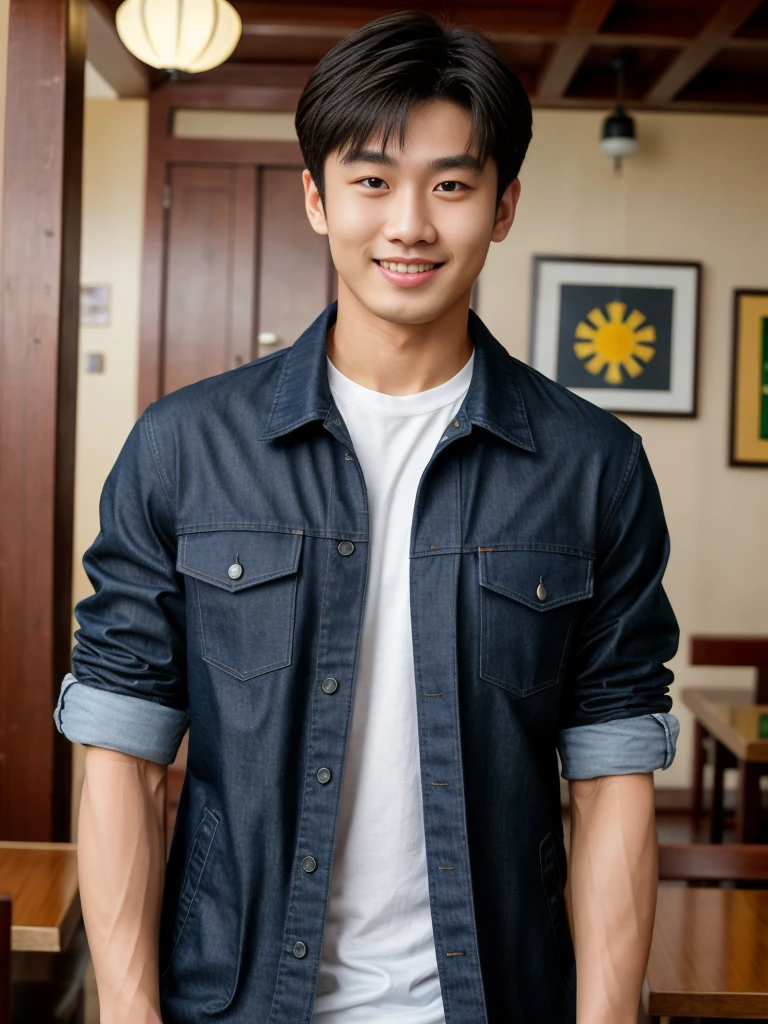 独奏: 1.5, (As a matter of fact, Masterpiece, 8k HD, good light quality, sportswear, fit the face, complicated details), A handsome Korean young man with muscular arms. , 20 years old, be happy, smile brightly, detailed face, delicate eyes, look at the sky, Wear a navy tight T-shirt.:1.6 ,Wear a denim coat., jeans period, black eyes, Black hair color, ผมsmooth, smooth,Surreal,Superb details,Highest quality,real,Open your mouth to talk. , Close your eyes., (Standing in a Thai restaurant, Burmese temple:1.1)