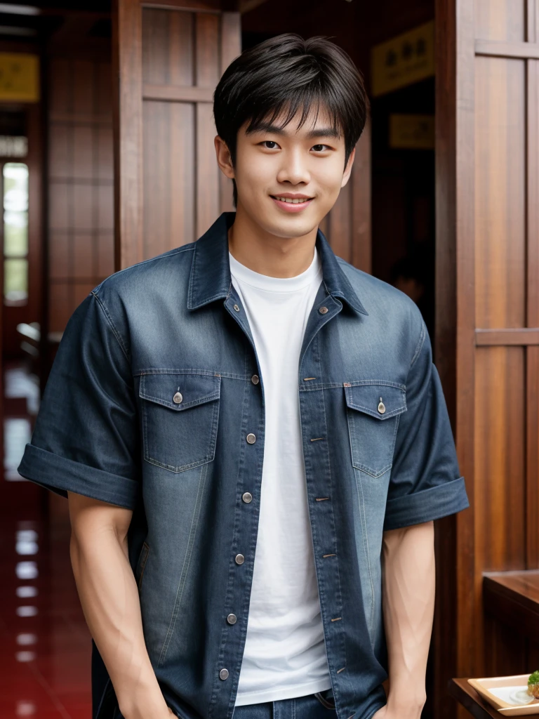 独奏: 1.5, (As a matter of fact, Masterpiece, 8k HD, good light quality, sportswear, fit the face, complicated details), A handsome Korean young man with muscular arms. , 20 years old, be happy, smile brightly, detailed face, delicate eyes, look at the sky, Wear a navy tight T-shirt.:1.6 ,Wear a denim coat., jeans period, black eyes, Black hair color, ผมsmooth, smooth,Surreal,Superb details,Highest quality,real,Open your mouth to talk. , Close your eyes., (Standing in a Thai restaurant, Burmese temple:1.1)