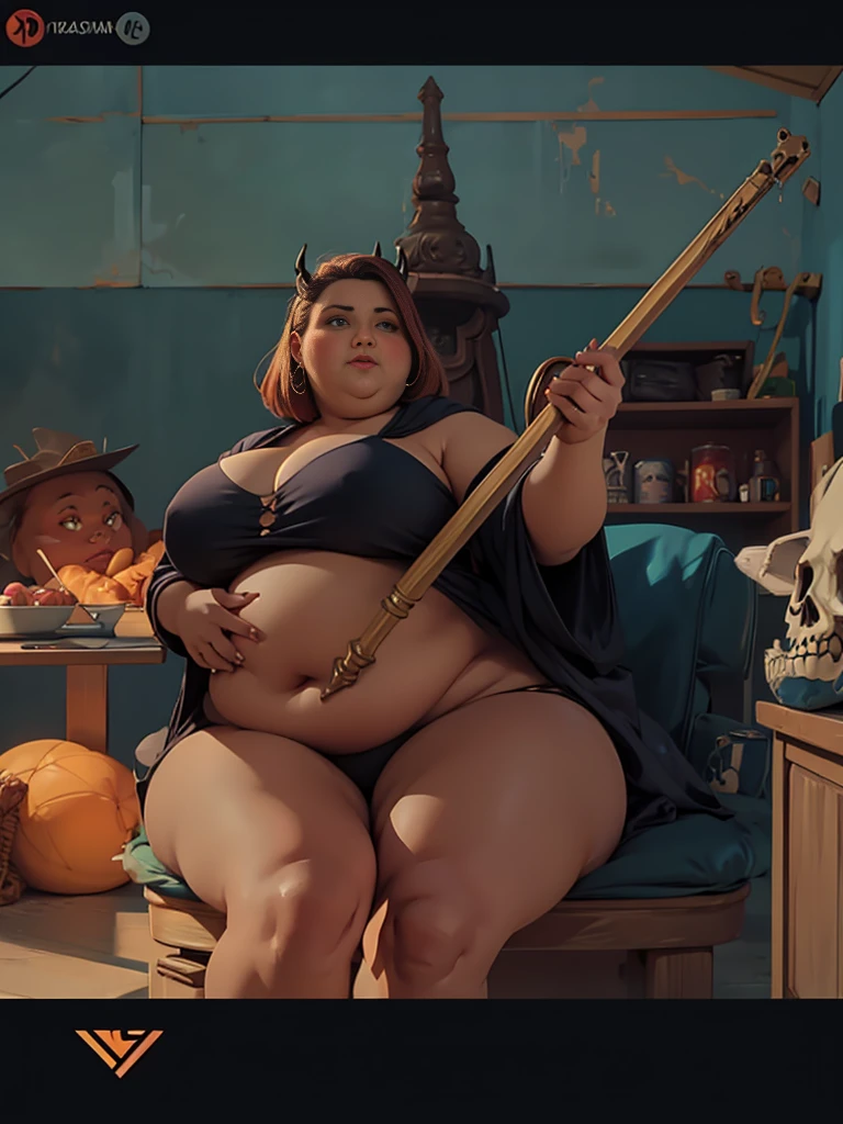 Bbw girl holding her huge fat chubby soft belly, she's sitting next to a dragon skull. Pretty face, red cheeks, très détaillée, robe noire, gros ventre, fat face