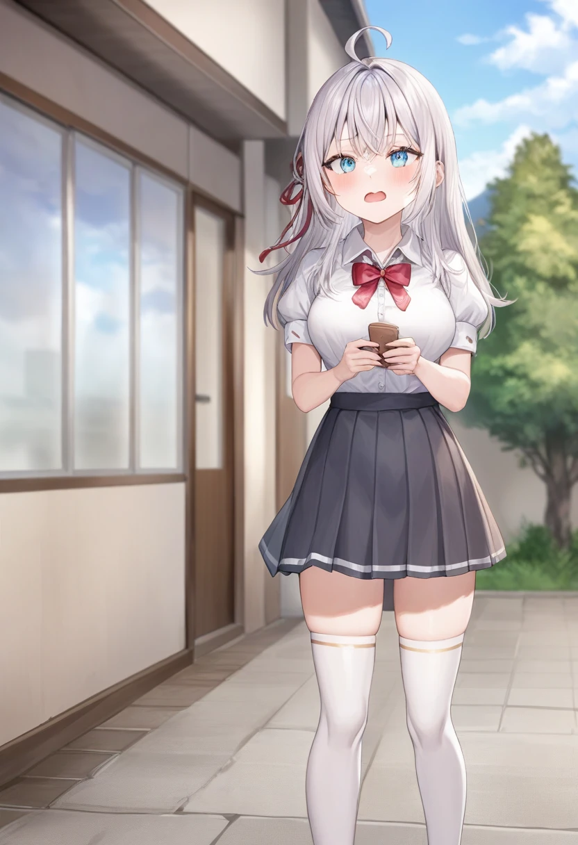 One girl,  Alisa Mikhailovna Kujo,Tomorrow, my friend, Arya-san, will be visiting Russia.,alone, Long Hair, Eyebrows visible through hair, Hair between the eyes, Silver Hair, Hair Ribbon, blue eyes, Medium chest, ,White legwear,zettai ryouiki, Pleated skirt, White shirt, Short sleeve, Black Skirt, bow tie, Collared shirt, Red Neckwear, puffy Short sleeve,
Sealing, Cowboy Shot, look up, boredom, hills, Mouth closed,
Highest quality, so beautiful, Absurd