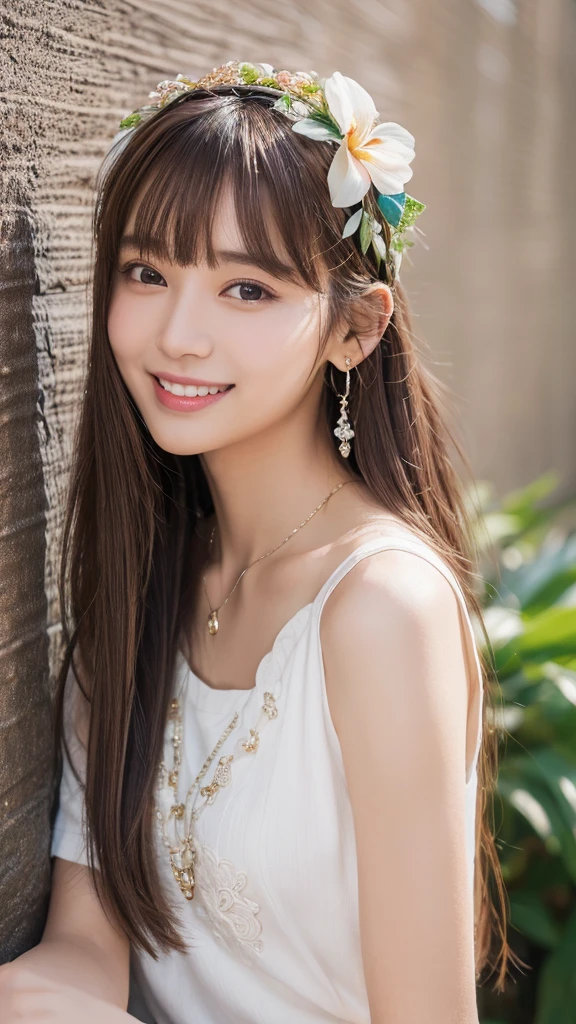 Eat pancakes,Flat Chest、(Slim body)、((Slim body))、Long Hair,Straight Bangs,Embarrassing,masterpiece,diamond、Earrings,background of fantasy,(((Brown Hair)))、 hair ornaments,Headband,A town of colorful wall art、Kakaako、Everlasting summer、White shirt and panti、Hawaii、 Highest quality, High resolution, unity 8k wallpaper, (shape:0.8), (Beautiful details:1.6), Highly detailed face, Sing happily、looking at the camera、laugh、smile、whole body、Long legs、Beautiful feet