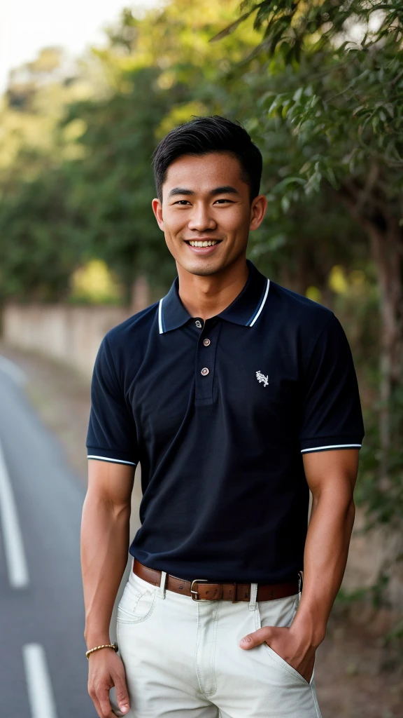 Thai man ,man,He is about 30 years old..,Rough and handsome appearance,large breastsj,Big waistline,buzz cut, angry, sullen, best quality, Masterpiece,(Have muscles:4.5),(best quality,high resolution,Masterpiece:1.2),The eyes are natural and delicate..,1 person,alone,gay asian,muscle,Long legs,brave,short hair details,conjunctivitis ,strong,brown eyes, (outdoor background road :1.5),in the market,sit (dark blue polo shirt:1.3),Jeans ,smile