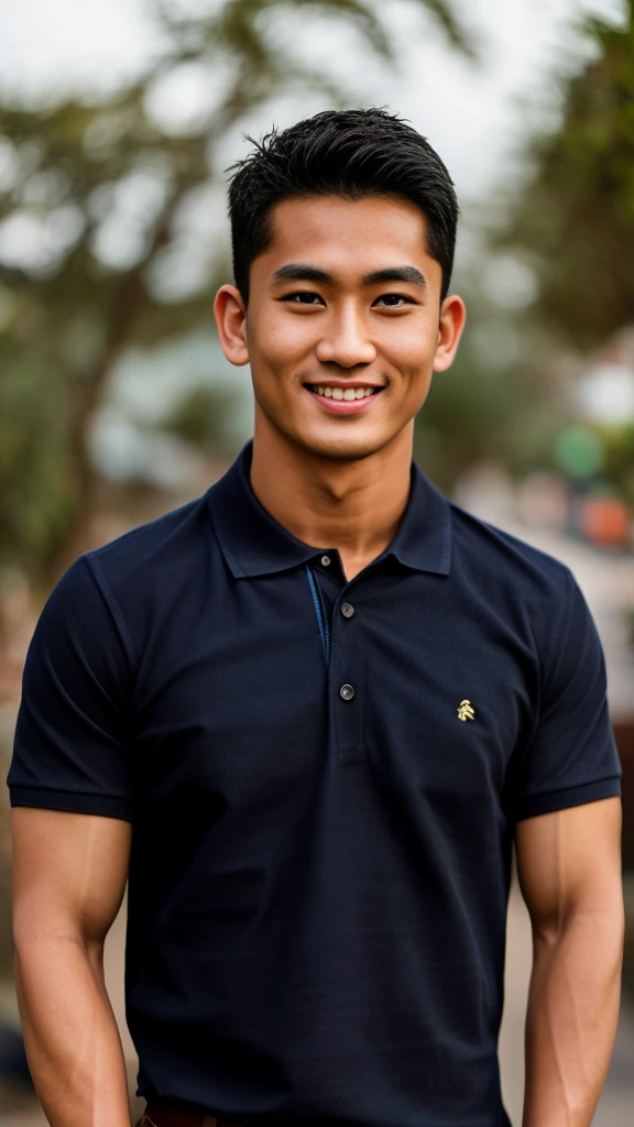 Thai man ,man,He is about 30 years old..,Rough and handsome appearance,large breastsj,Big waistline,buzz cut, angry, sullen, best quality, Masterpiece,(Have muscles:4.5),(best quality,high resolution,Masterpiece:1.2),The eyes are natural and delicate..,1 person,alone,gay asian,muscle,Long legs,brave,short hair details,conjunctivitis ,strong,brown eyes, (outdoor background road :1.5),in the market,sit (dark blue polo shirt:1.3),Jeans ,smile