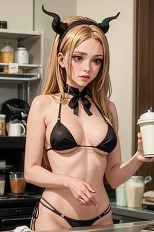 Dairy cow cosplay, headband with cow horns and ears, microbikini, barista coffee shop , Grandes guide