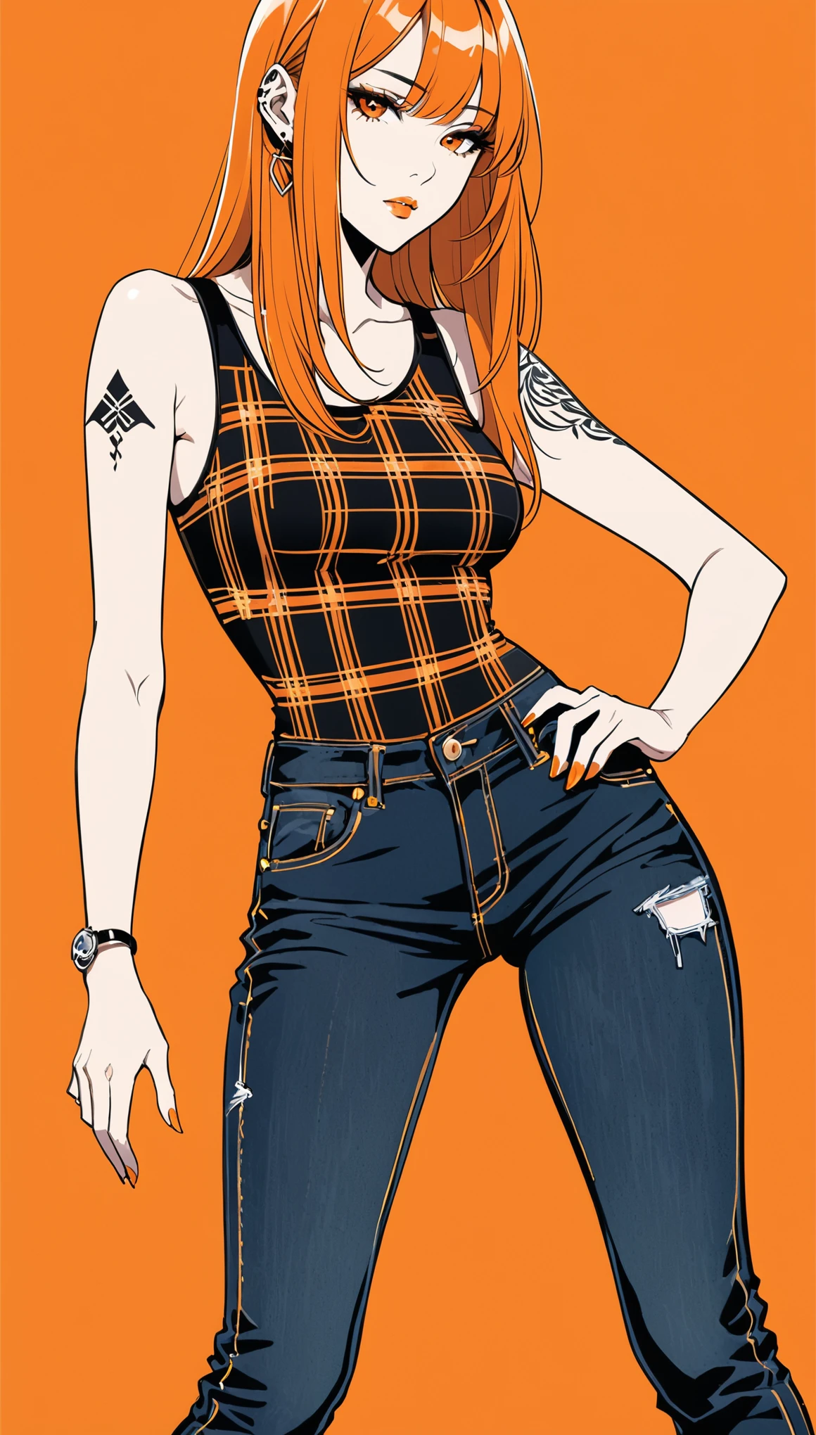 in style of Kilian Eng,Minimalist Lines and Shapes，(Tattoo Designs),closeup,1girl,独奏，Orange background，Plaid sleeveless bodysuit T-shirt，jeans，Lean forward，Standing，1 hand supports the leg，The other hand is behind his back，looking at viewer，Long orange hair，Simple style，