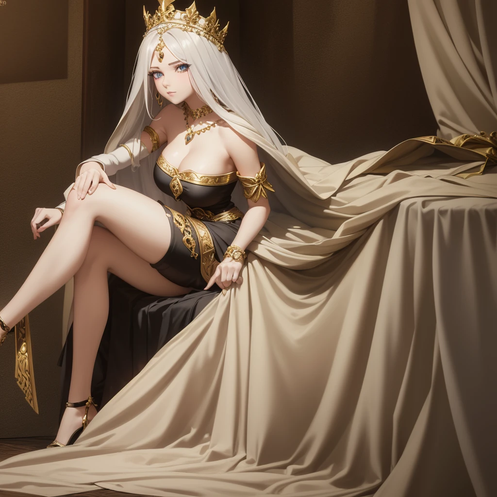 medieval fantasy style, girl, queen, beautiful, slender, sexy, big elastic breasts, makeup, crown, earrings, necklace, expensive luxurious chic royal dress in fantasy style, European style of clothing, neckline, deep neckline, on the throne, hentai
