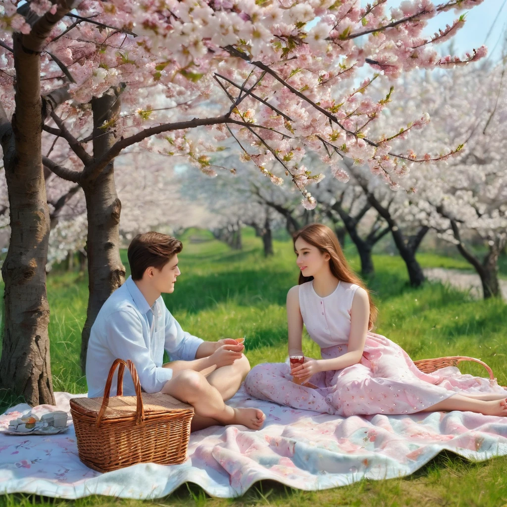 Tender soft light, photorealism, high detail, a guy and a girl sit in a clearing, a flowering cherry blossom grows nearby, an atmosphere of tenderness and love, a guy and a girl sit on a blanket, ajar picnic basket lies nearby, a loving look,