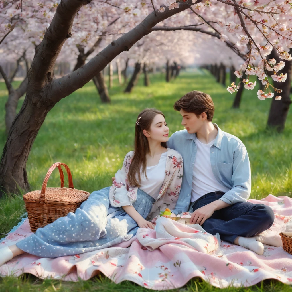 Tender soft light, photorealism, high detail, a guy and a girl sit in a clearing, a flowering cherry blossom grows nearby, an atmosphere of tenderness and love, a guy and a girl sit on a blanket, ajar picnic basket lies nearby, a loving look, 