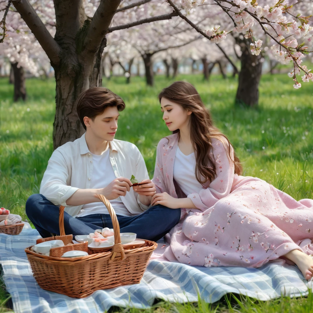 Tender soft light, photorealism, high detail, a guy and a girl sit in a clearing, a flowering cherry blossom grows nearby, an atmosphere of tenderness and love, a guy and a girl sit on a blanket, ajar picnic basket lies nearby, a loving look,
