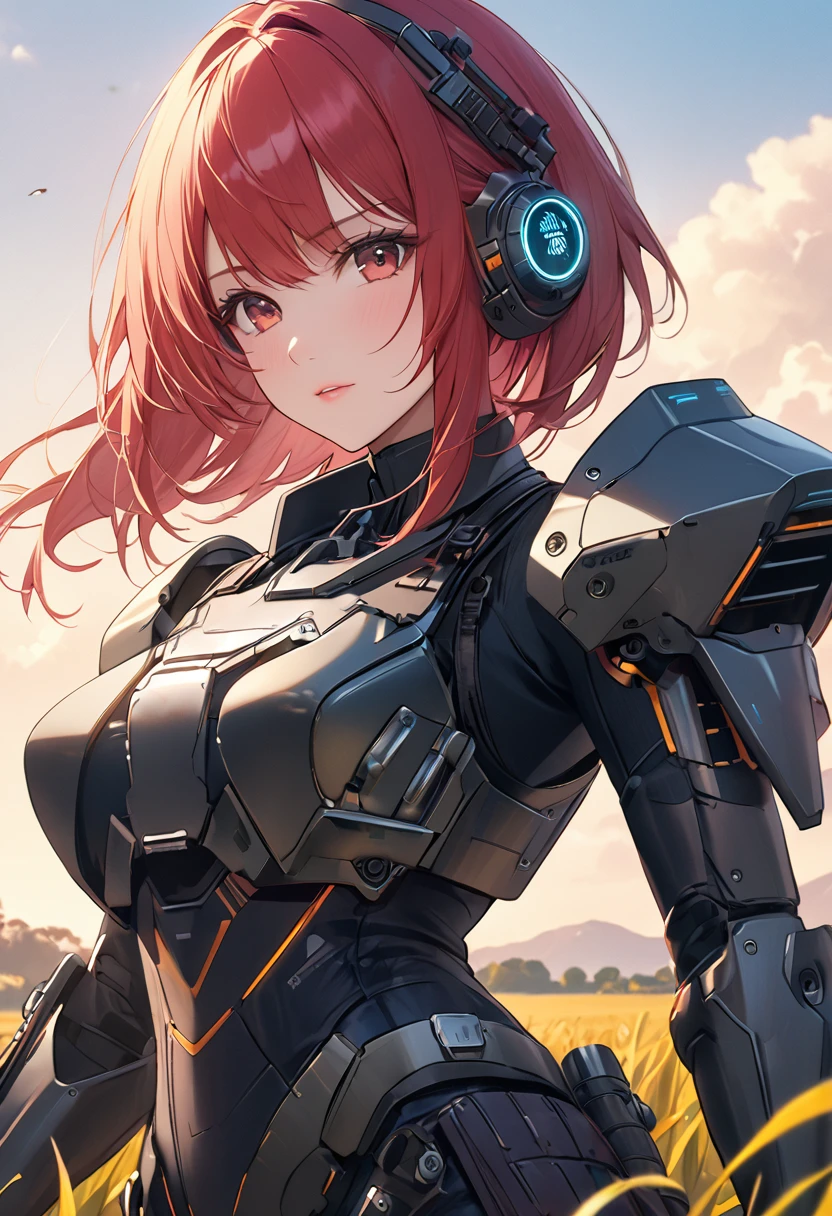 Close-up of a woman with a gun in a field, Mechanized Valkyrie Girl, Mechanized Soldier Girl, Black dieselpunk policewoman, Epic sci-fi character art, Girl wearing mecha cyber armor, Cyberpunk Anime Girl Mecha, Epic sci-fi character art, Epic sci-fi character art, Wearing sci-fi military armor