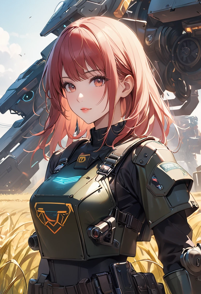 Close-up of a woman with a gun in a field, Mechanized Valkyrie Girl, Mechanized Soldier Girl, Black dieselpunk policewoman, Epic sci-fi character art, Girl wearing mecha cyber armor, Cyberpunk Anime Girl Mecha, Epic sci-fi character art, Epic sci-fi character art, Wearing sci-fi military armor