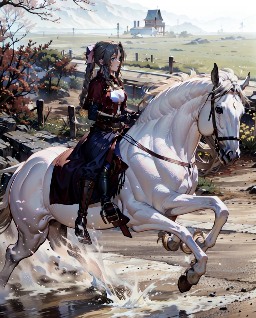 ((best quality)), ((anime masterpiece)), (high detailed), 8k, cinematic lighting, realistic, HDR, vivid color, a female knight riding a WHITE HORSE, {brunette}, medium breast, cleavage, (red armor, white gauntlet, pink miniskirt, brown boots), river, anatomically correct
